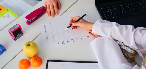 Patient and health professional discussing meal plan